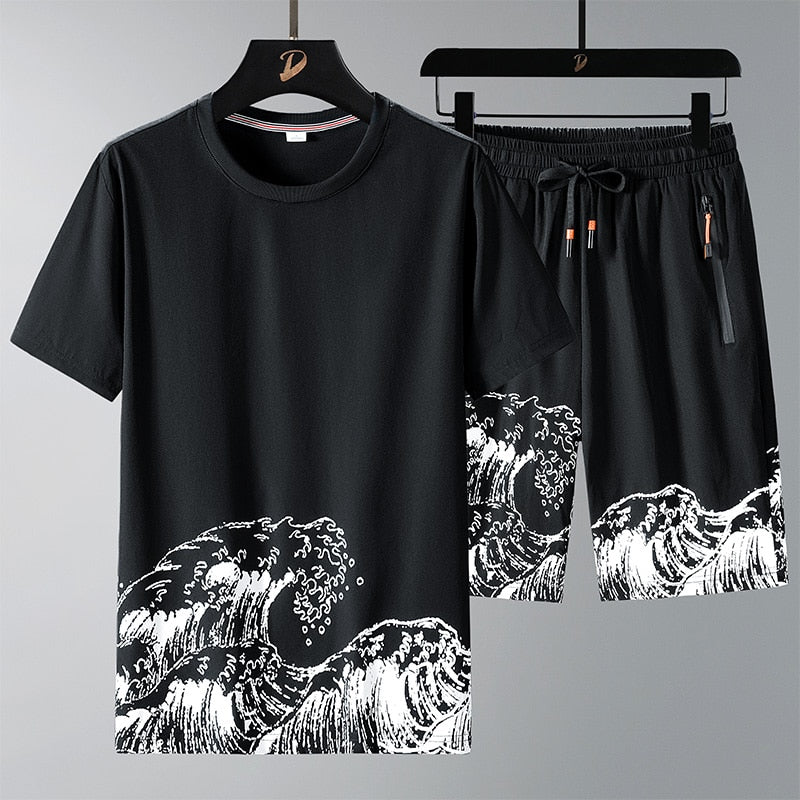 Breathable Cool Print Pattern Short Sleeve Men 2 Piece Sets Tracksuit (35202) Plus Size Up To 8XL