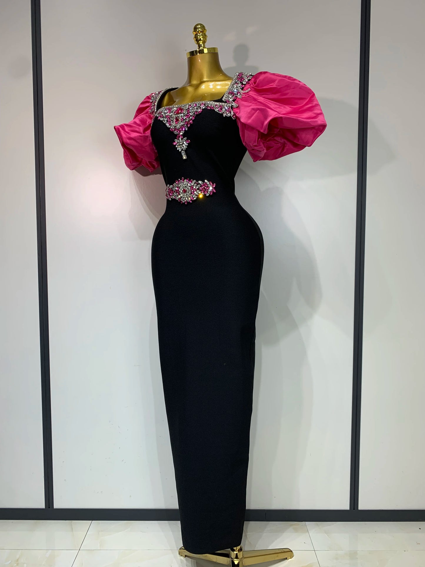 Puff Sleeve Square Collar Shinning Crystal Bodycon Long Dress