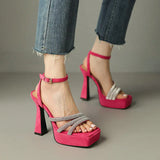 Open Toe Elegant Thick High Heels With Crystal Rhinestone Platform Lady Sandal