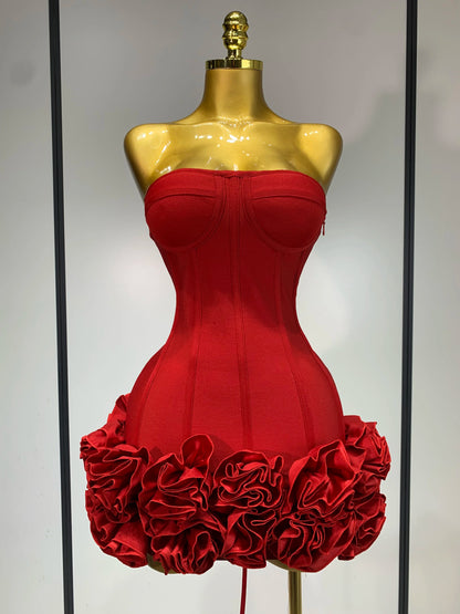 Strapless Backless Flower Embellished Mini Bandage Dress