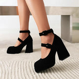 PU and Velvet Square Toe Double Buckle Strap Platform Mary Janes Stiletto Chunky High Heels