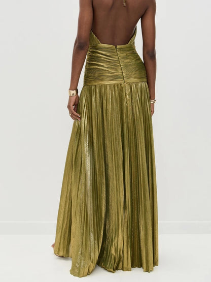 Gold Metallic Halter Sleeveless Cold Shoulder Backless Floor-Length Cocktail Dress