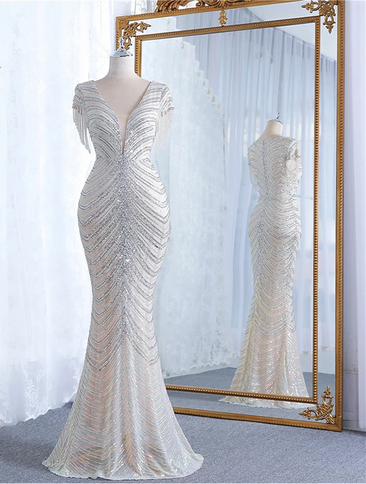 Short Sleeve Beaded mermaid evening dress