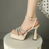 Open Toe Elegant Thick High Heels With Crystal Rhinestone Platform Lady Sandal