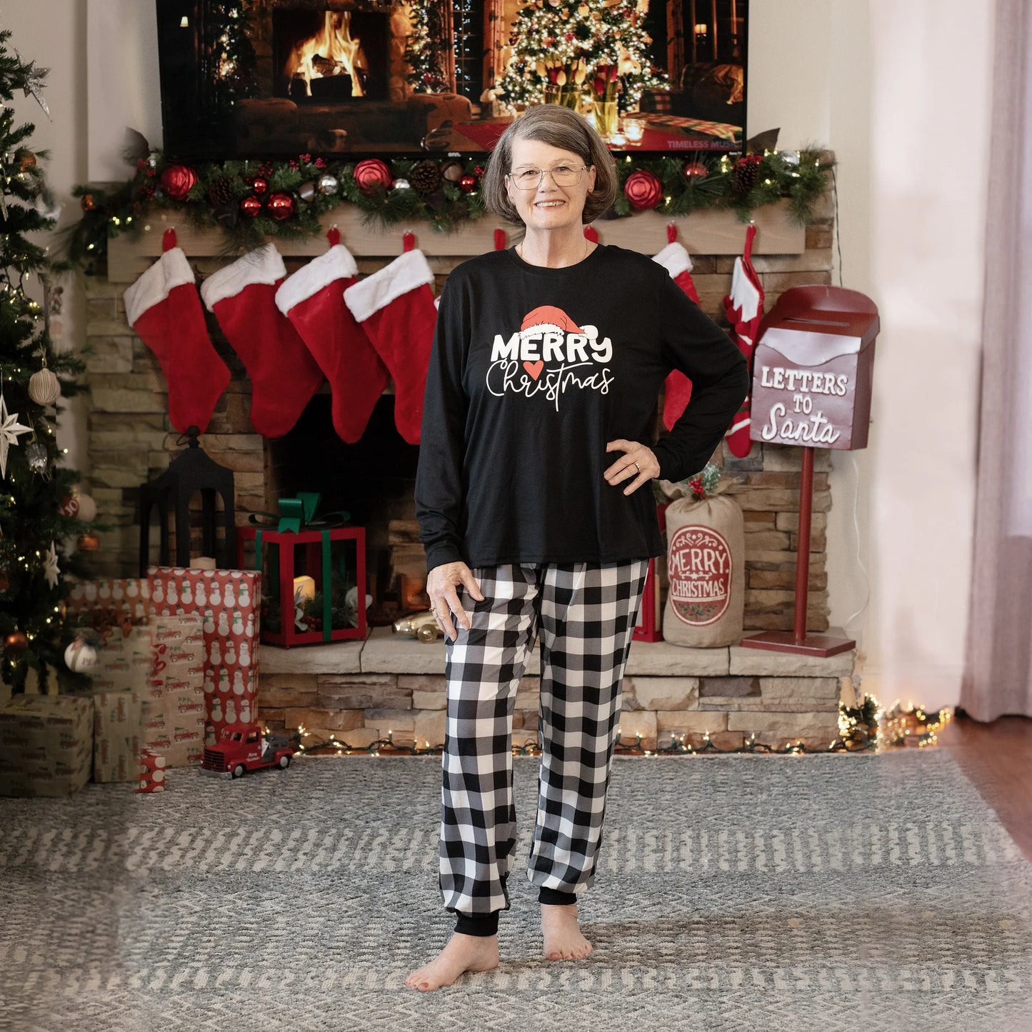Family Matching Christmas Letter Print Long Sleeve Pajama Set For Family Xmas Party Cozy Sleepwear