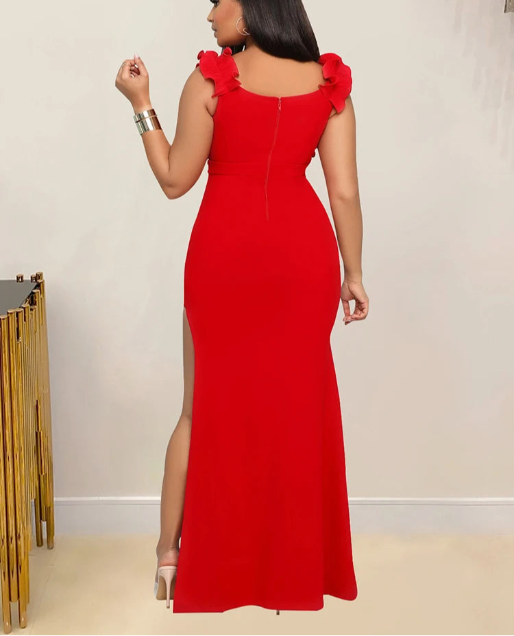 Elegant Ruffles V Neck Asymmetric Split Slim Mermaid Dress