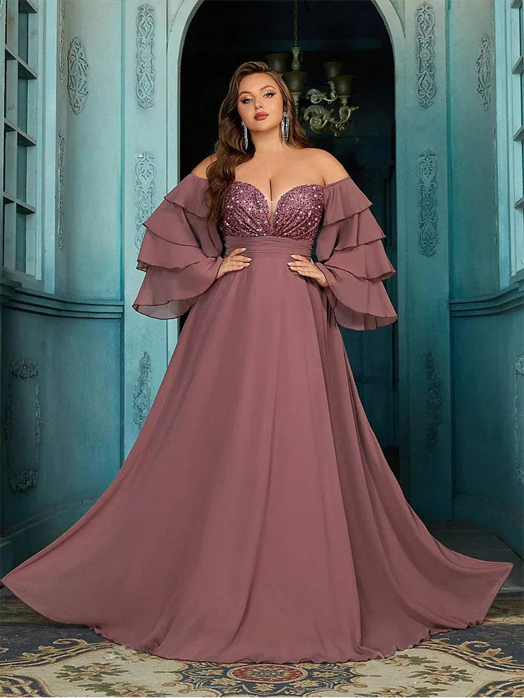 Plus Size Off Shoulder Chiffon Sparkling Evening Gown