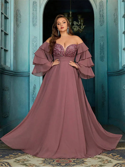 Plus Size Off Shoulder Chiffon Sparkling Evening Gown