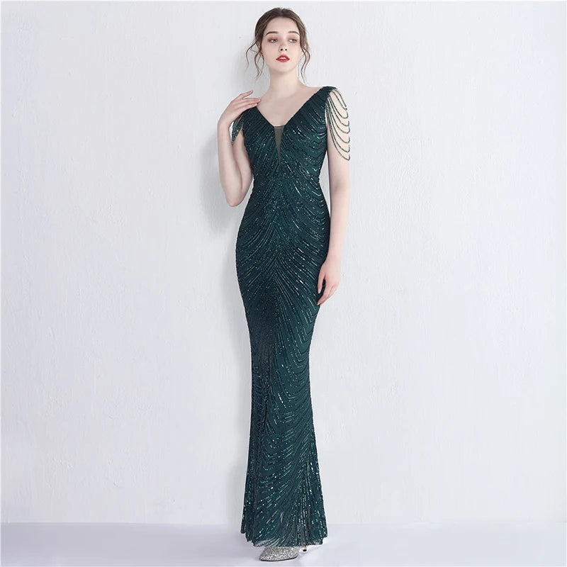 Mermaid V Neck Sequins Luxury Evening Dress