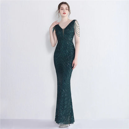 Mermaid V Neck Sequins Luxury Evening Dress
