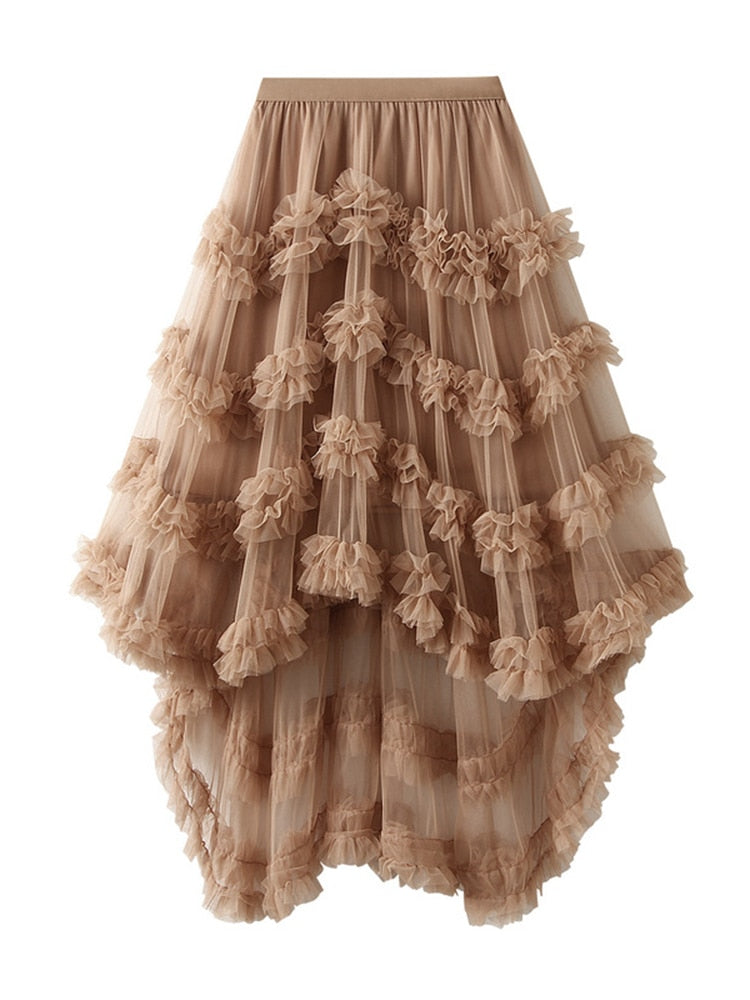 Irregular Mesh Skirt Layered Ruffle Design