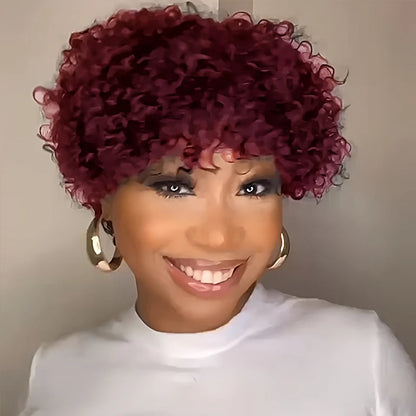 Burgundy 99J Color Short Afro Kinky Curly Glueless Wig