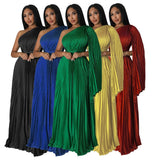 Solid Color one shoulder Maxi Pleated Dress