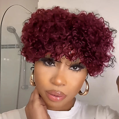Burgundy 99J Color Short Afro Kinky Curly Glueless Wig