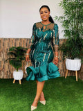 Mesh See Through Sequined Three Quarter Sleeves Evening Dress