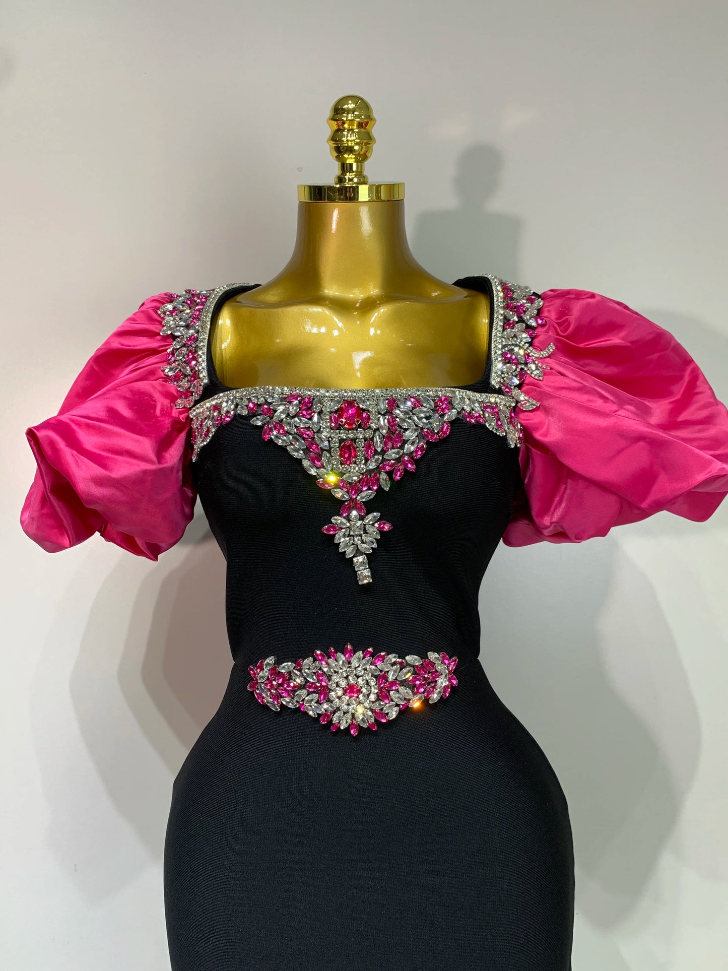 Puff Sleeve Square Collar Shinning Crystal Bodycon Long Dress