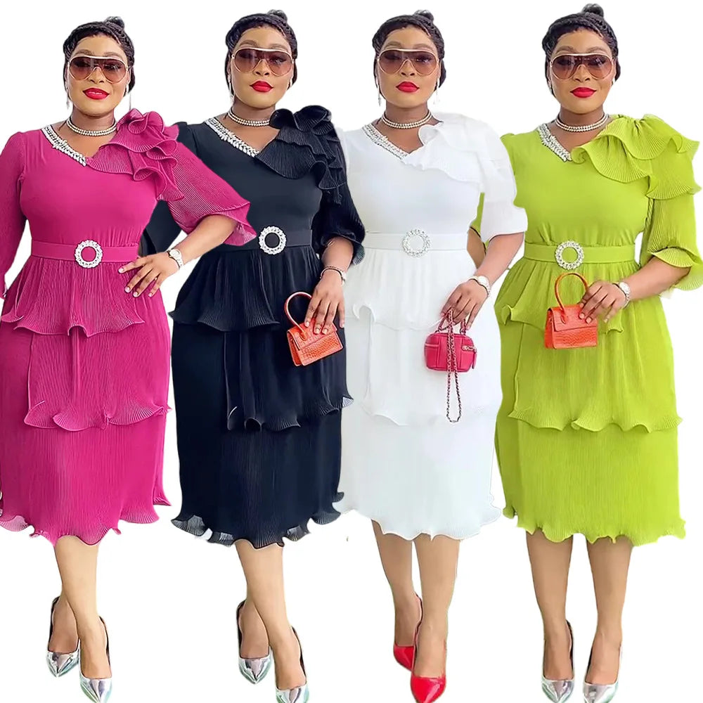 Elegant Pleated V Neck Shiny Rhinestone Waist Belt Dress