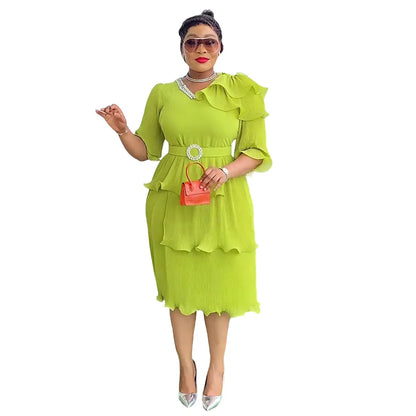 Elegant Pleated V Neck Shiny Rhinestone Waist Belt Dress