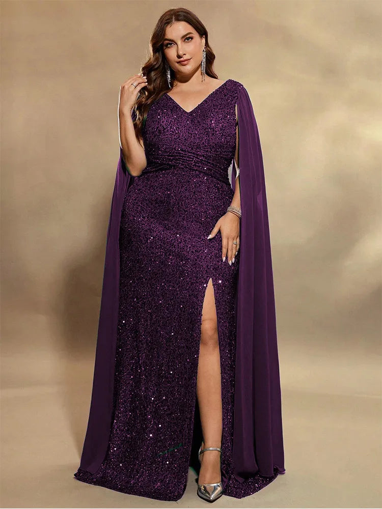Plus Size V-Neck Sleeveless Chiffon Sequin Floor-Length Evening Dress