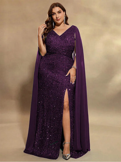 Plus Size V-Neck Sleeveless Chiffon Sequin Floor-Length Evening Dress