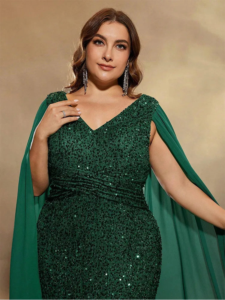 Plus Size V-Neck Sleeveless Chiffon Sequin Floor-Length Evening Dress