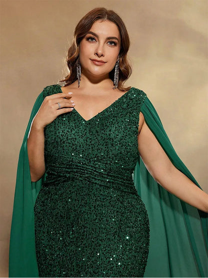 Plus Size V-Neck Sleeveless Chiffon Sequin Floor-Length Evening Dress
