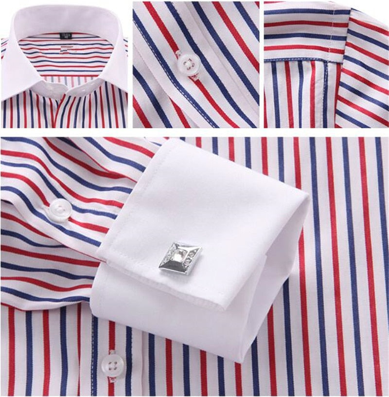 French Cuff Button Long Sleeve Slim Fit Dress Shirt for Men