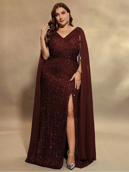 Plus Size V-Neck Sleeveless Chiffon Sequin Floor-Length Evening Dress