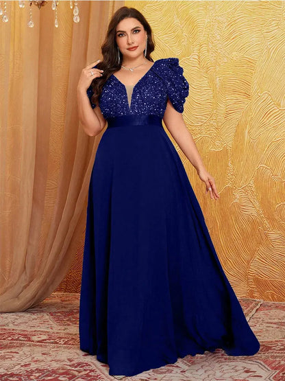 Plus Size V Neck Puff Sleeve Sparkling Evening Dress