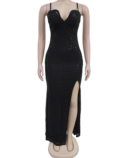 Spaghetti Strap Sequins High Side Slit Dress