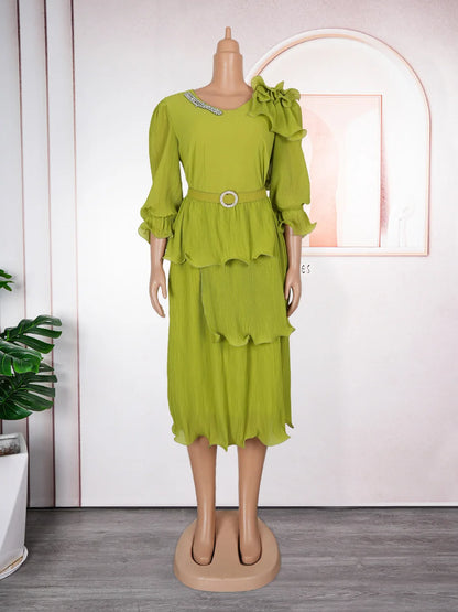 Elegant Pleated V Neck Shiny Rhinestone Waist Belt Dress