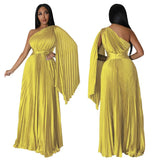 Solid Color one shoulder Maxi Pleated Dress