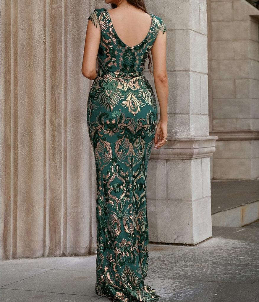 Luxury Green Floral Sequin V-neck Evening Dress
