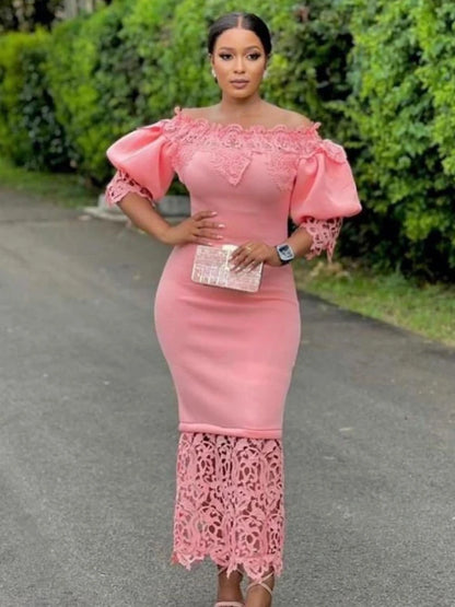 Tight Lace Bubble Sleeve Off Shoulder Dress