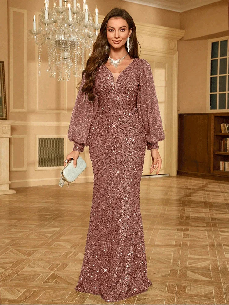 V-Neck Slim Fit Long Sleeve Sequined Floor-Length Evening Dress