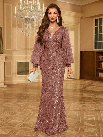 V-Neck Slim Fit Long Sleeve Sequined Floor-Length Evening Dress
