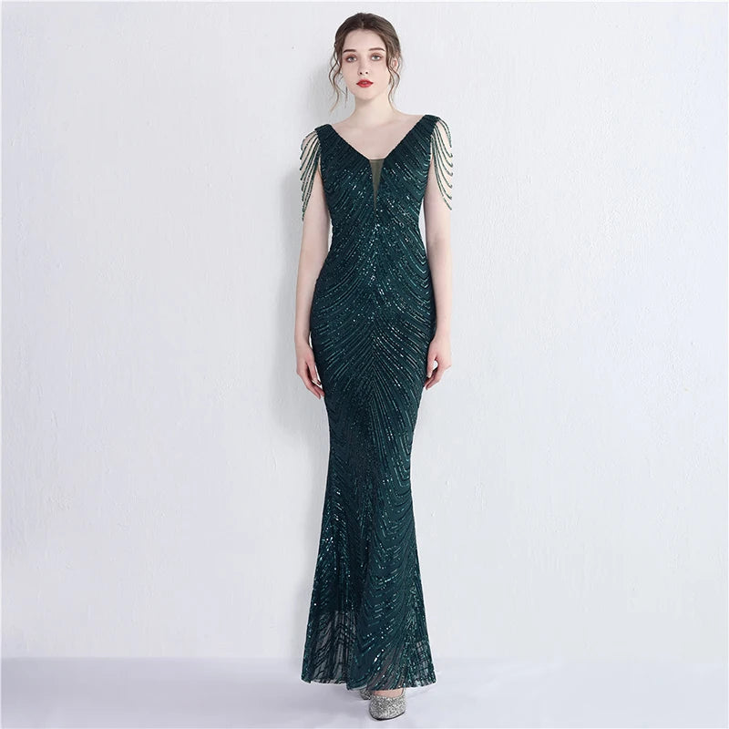 Mermaid V Neck Sequins Luxury Evening Dress