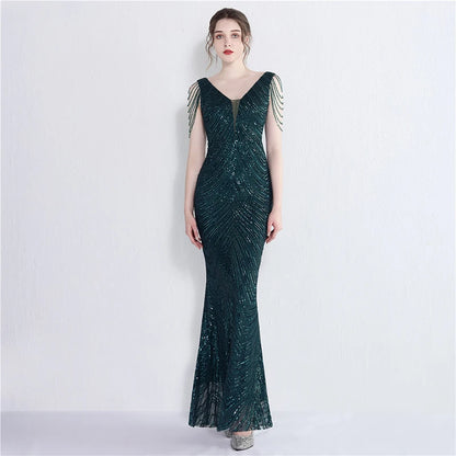Mermaid V Neck Sequins Luxury Evening Dress