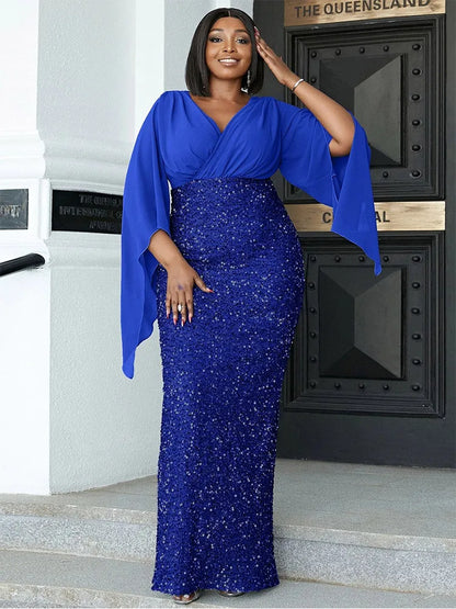 Plus Size V Neck Sequin Luxury Evening Dress