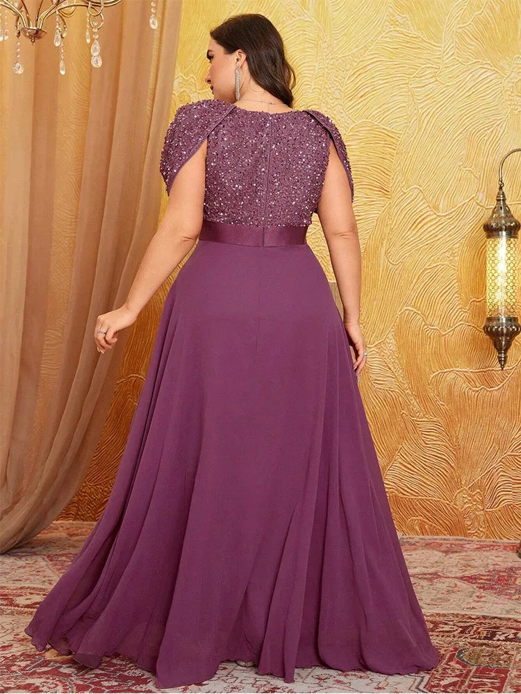 Plus Size V Neck Puff Sleeve Sparkling Evening Dress