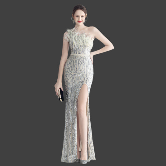 One Shoulder with Feathers Mermaid Slit Sequins Prom Dress