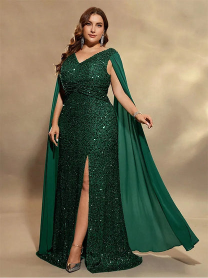 Plus Size V-Neck Sleeveless Chiffon Sequin Floor-Length Evening Dress