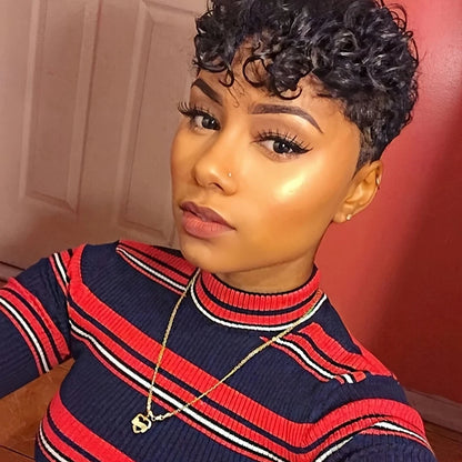 Pixie Cut Glueless Rose Net Cap with Fringe Bangs 180% Density