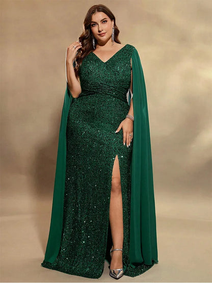 Plus Size V-Neck Sleeveless Chiffon Sequin Floor-Length Evening Dress