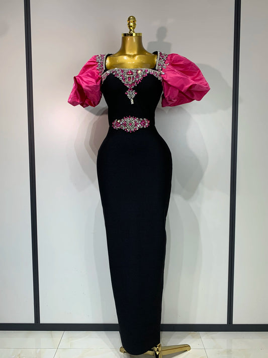 Puff Sleeve Square Collar Shinning Crystal Bodycon Long Dress