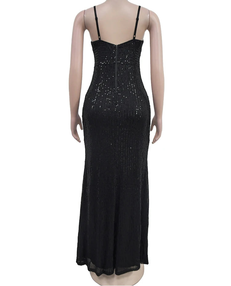 Spaghetti Strap Sequins High Side Slit Dress