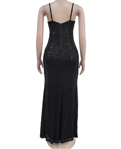 Spaghetti Strap Sequins High Side Slit Dress