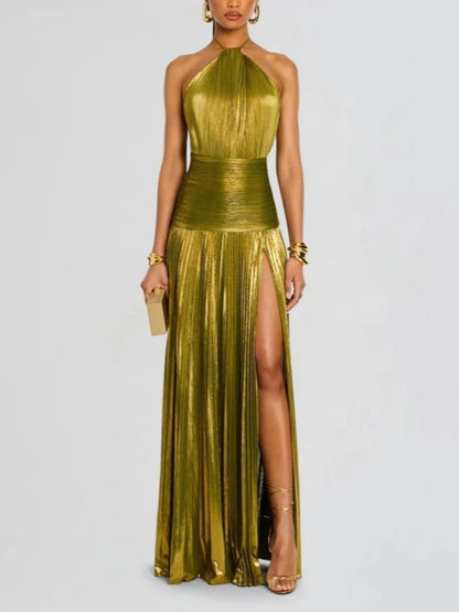 Gold Metallic Halter Sleeveless Cold Shoulder Backless Floor-Length Cocktail Dress