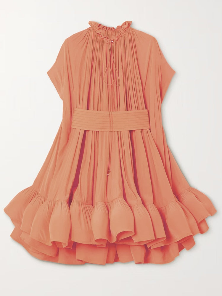 Round Neck Short Sleeve High Waist Elegant A Line Dress