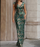 Luxury Green Floral Sequin V-neck Evening Dress